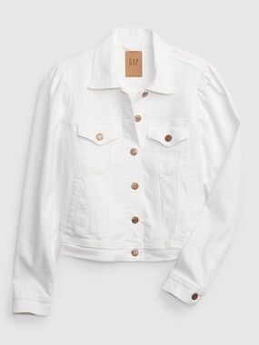 GAP White Denim Puff Sleeve Jacket | Cropped | Copper Button Detail | Size M